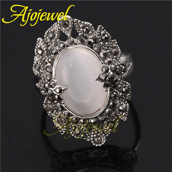 Ajojewel Palace Retro White Opal Ring For Women With Black Crystal Flower Elegant Fashion Ladies Jewelry Beauty Gifts