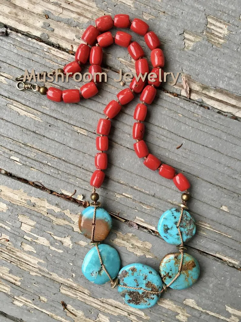 Round Knot Turquoises Stone Beads Necklace Red Coral Tube Long Boho Necklace