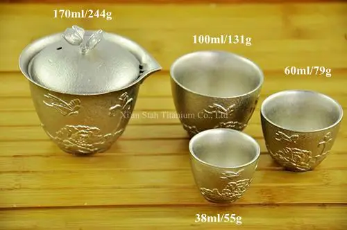 Pure Titanium TA1 Casting Tea Cups Group with Carved Designs Electropolishing Surface Finishing 4pcs/set 512g