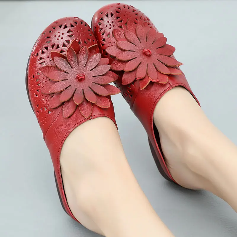 GKTINOO Vintage Genuine Leather Women Slippers Summer Shoes Flat Retro Slip On Flowers Hollow Sandal Shoes Sandalias Mujer