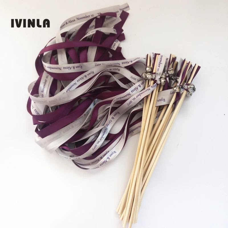 

50pcs/lot Purple and grey Personalized Wedding Ribbon Stick Ribbon Wands Twirling Streamers