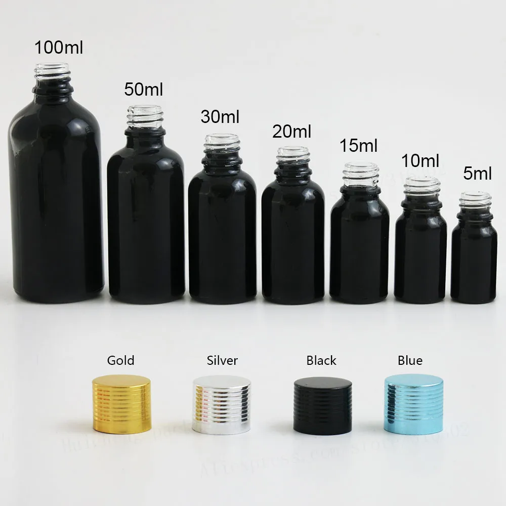 Paint Shining Black Cosmetic Essential Oil Bottle With Aluminum Lids Caps Reducer 5ML 10ML 15ML 20ML 30ML 50ML 100ML 12PCS