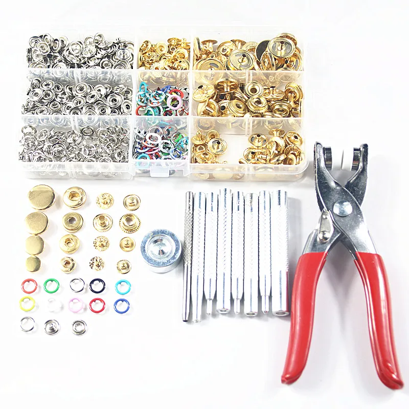 

100sets 9.5mm Prong Snap Buttons Popper Buckle+Buttons Plier+40set Gold Metal Snap Fastener Press Stud Buttons+9pcs Fixing Tools