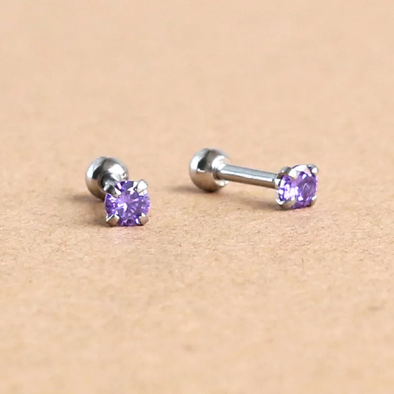 Titanium  Screw Stud Earrings With 3mm Purple AAA Zircon 316L Stainless Steel No Fade Allergy