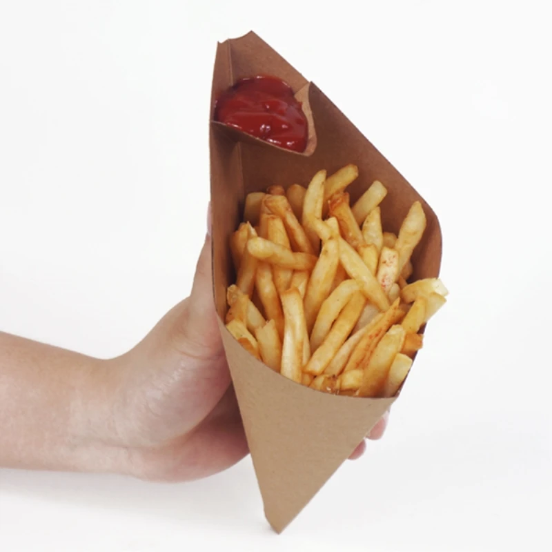 Creative Cone Shape Disposable French Fries Box, Waterproof and Anti-Oil Food Grade Kraft Paper Box, Fried Food Package, 100Pcs