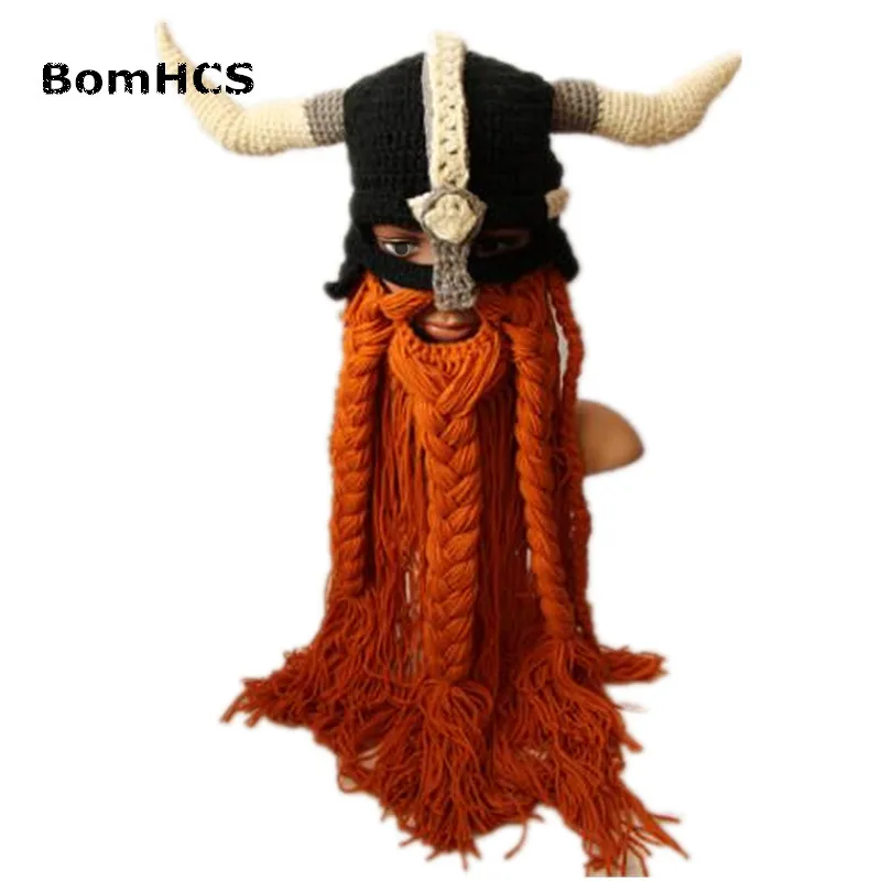 

BomHCS Novetly Cool Super Big Beard Horns Beanie Vikings Helmet Armor Mask Hat 100% Handmade Knitted Halloween Gift Funny Party