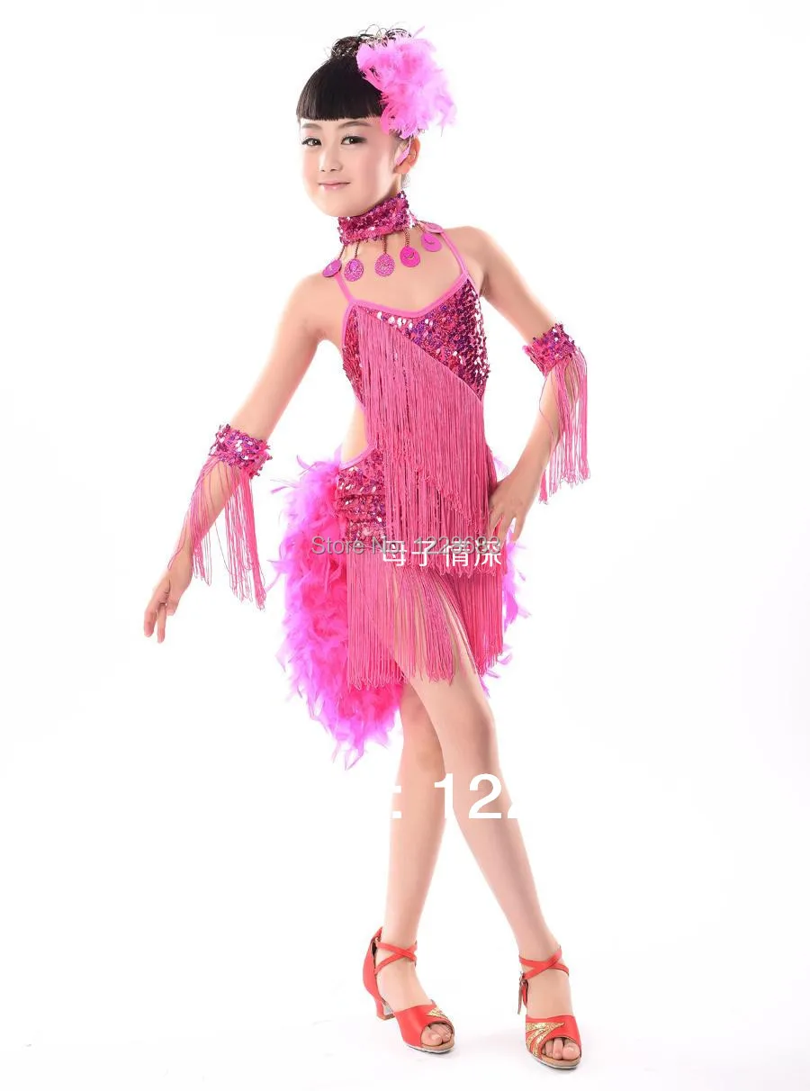 New Children Kids Sequin Feather Fringe Stage Performance Competition Ballroom Dance Costume Latin Dance Dress For Girls