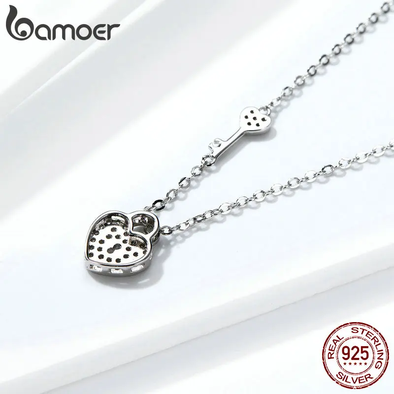 Bamoer New Arrival Luxury 925 Sterling Silver Love Heart Lock & Key Pendant Necklace for Women Wedding Fine Jewelry SCN315 image 4