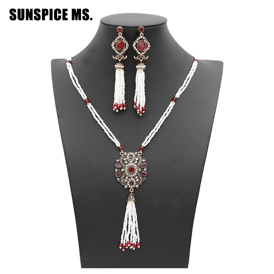 Sunspicems Elegant Turkish Women Bead Jewelry Sets Long Bead Chain Necklace Tassels Earrings Antique Gold Color Arabic Jewelry