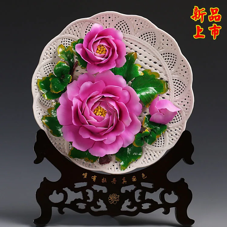 Luoyang peony disk Home Furnishing living room decorative hanging plate decoration craft of Dehua ceramic carving handicraft art