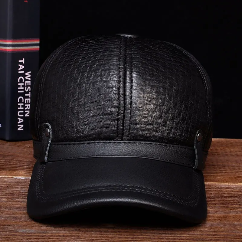 HL070 Aorice Winter Warm Russian Real Leather Black Caps Men\'s Hats