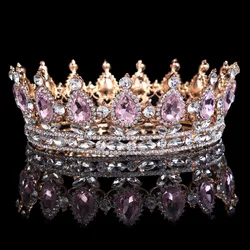 Luxury Retro Gold Color Pink Crystal Round Bridal Crown Classic Baroque Rhinestone Diadem Tiaras Women Wedding Hair Accessories