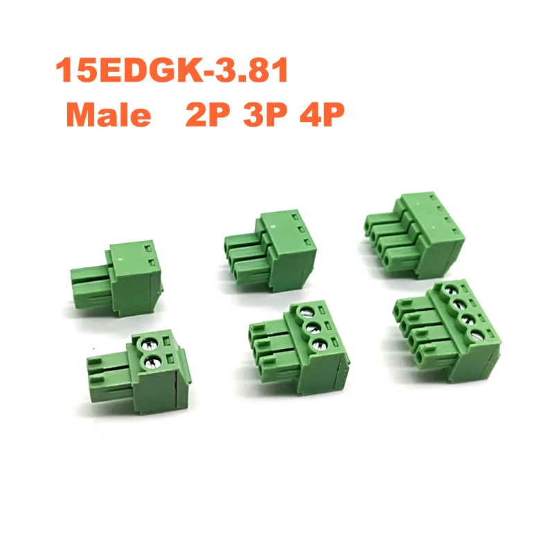 50pcs Pitch 3.81mm Screw Plug-in PCB Terminal Block 15EDGK Right Angle Pin 2P 3P 4P Male/Female Pluggable Connector Morsettiera