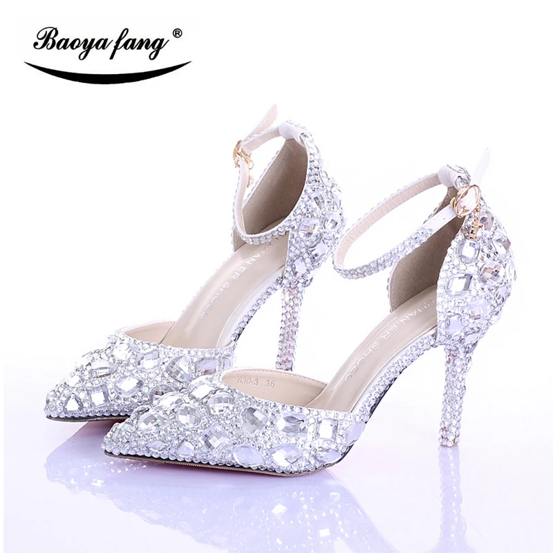 New arrival Pointed toe Womens wedding shoes Ankle strap Buckle shoes woman crystal party dress shoes Sea Blue