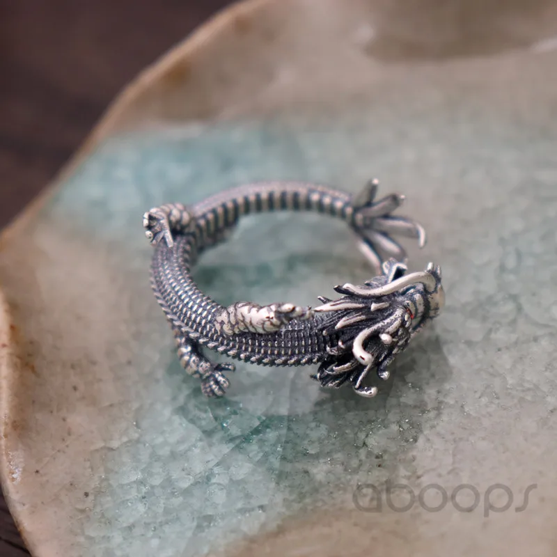 Black 925 Sterling Silver Chinese Dragon Pinky Ring with Zircons for Men Women,Small Finger Ring,Adjustable,Free Shipping