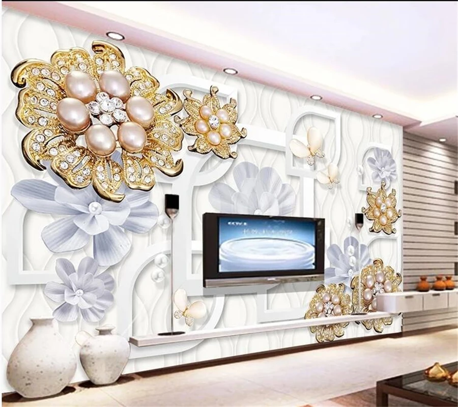 

wellyu Custom wallpaper papel de parede Gorgeous golden jewels flowers butterfly 3d tv background wall behang papel tapiz