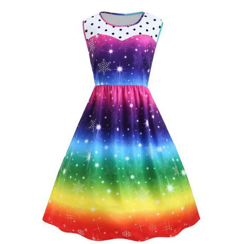 Women Colorful Pattern Printing Christmas Dress, Dot Bright Vintage Sleeveless Rainbow Print Party Swing Gown Skirt