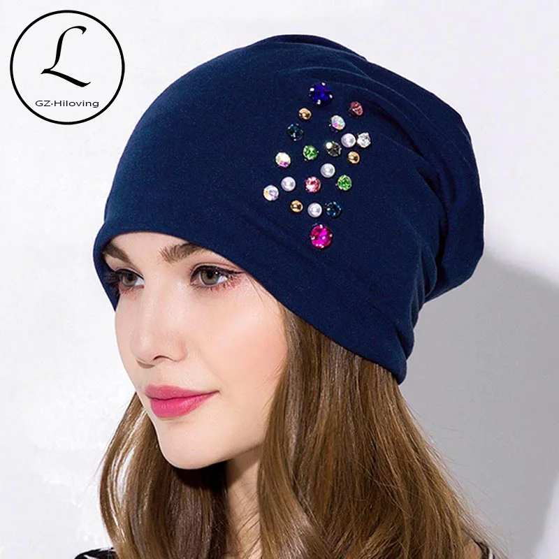 

GZHilovingL Casual Women Pearl Rhinestones Beanies Hat For Autumn Winter 2018 Ladies Femme Soft Solid Cotton Stretch Slouch Hats