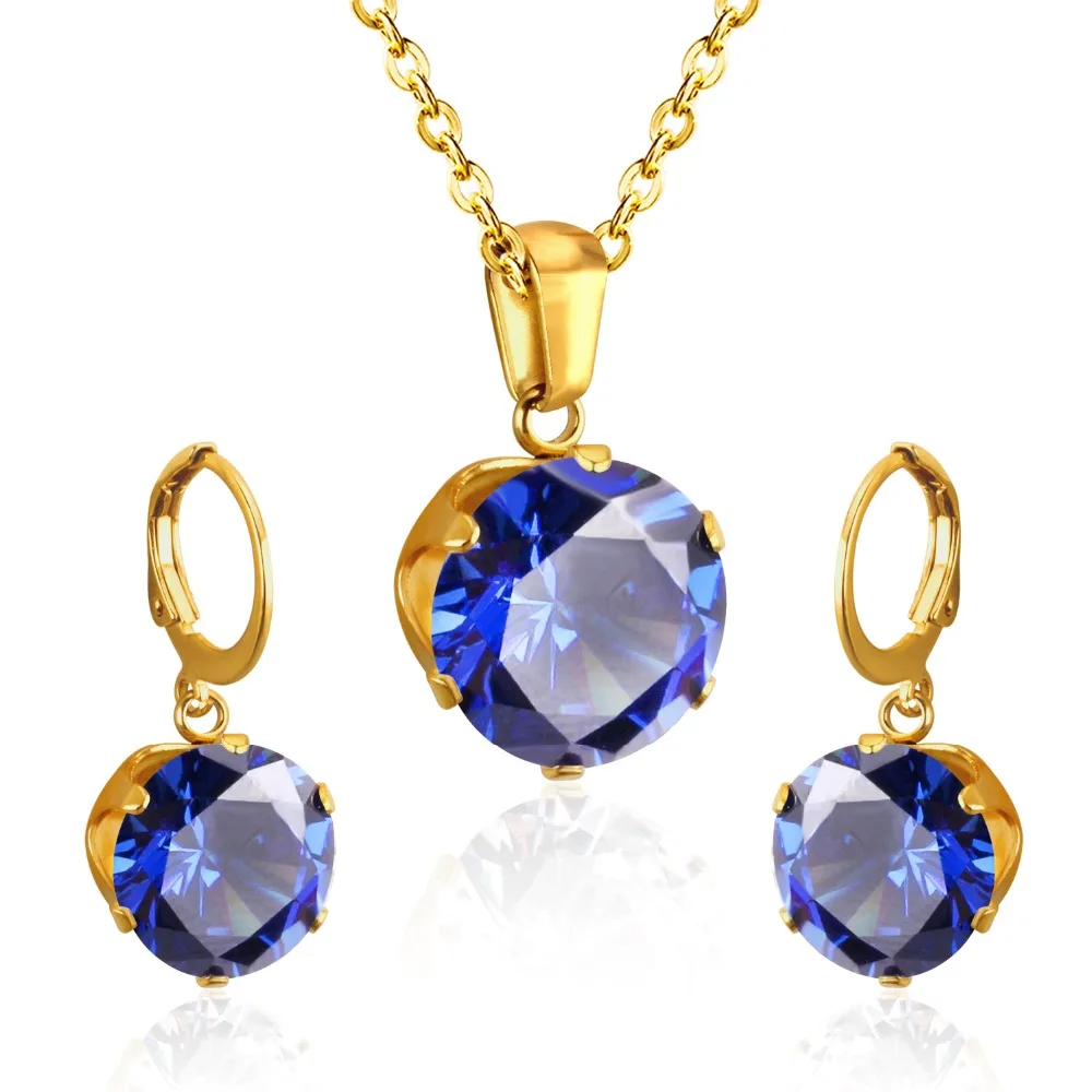 LUXUSTEEL Delicate Jewelry Sets Charm White/Black/Blue/Dark Blue/Pink Color Crystal Pendant Necklace Earring Brinco Wedding
