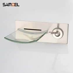 Wall Mount LED Brass Concealed Glass Waterfall Bathroom Sink Mixer Tap Brushed Nickel Color Change Basin Faucet NL705