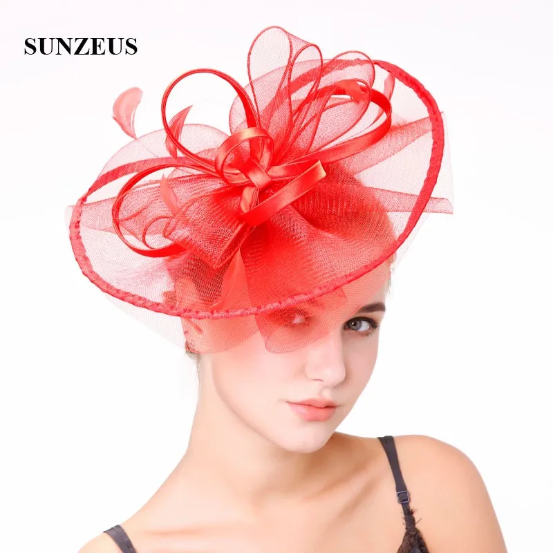 Ribbon Satin Flowers Big Hats for Bridal Feathers Fascinators Wedding Party Hat Hair Accessories Tulle cappelli da cerimoni SH48