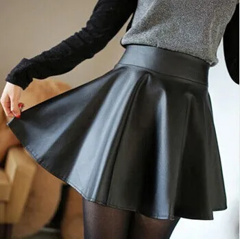 2017 new women skirt Spring / summer women's fashion high imitation PU leather pleated skirt sexy little black skirt tutu