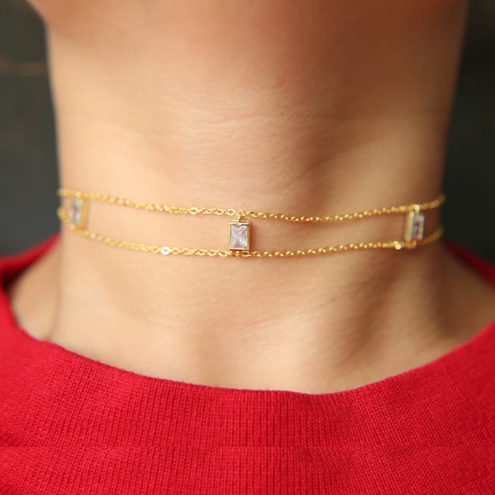 2021 new arrive AAA clear rectangle cubic zirconia short chain 33+7cm choker chocker cz double chain necklace