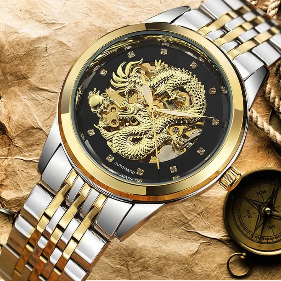 Gold Dragon Automatic Mechanical Wristwatches Full Stainless Steel Strap Luminous Luxury Crystal Skeleton Wristwatches Gifts Box