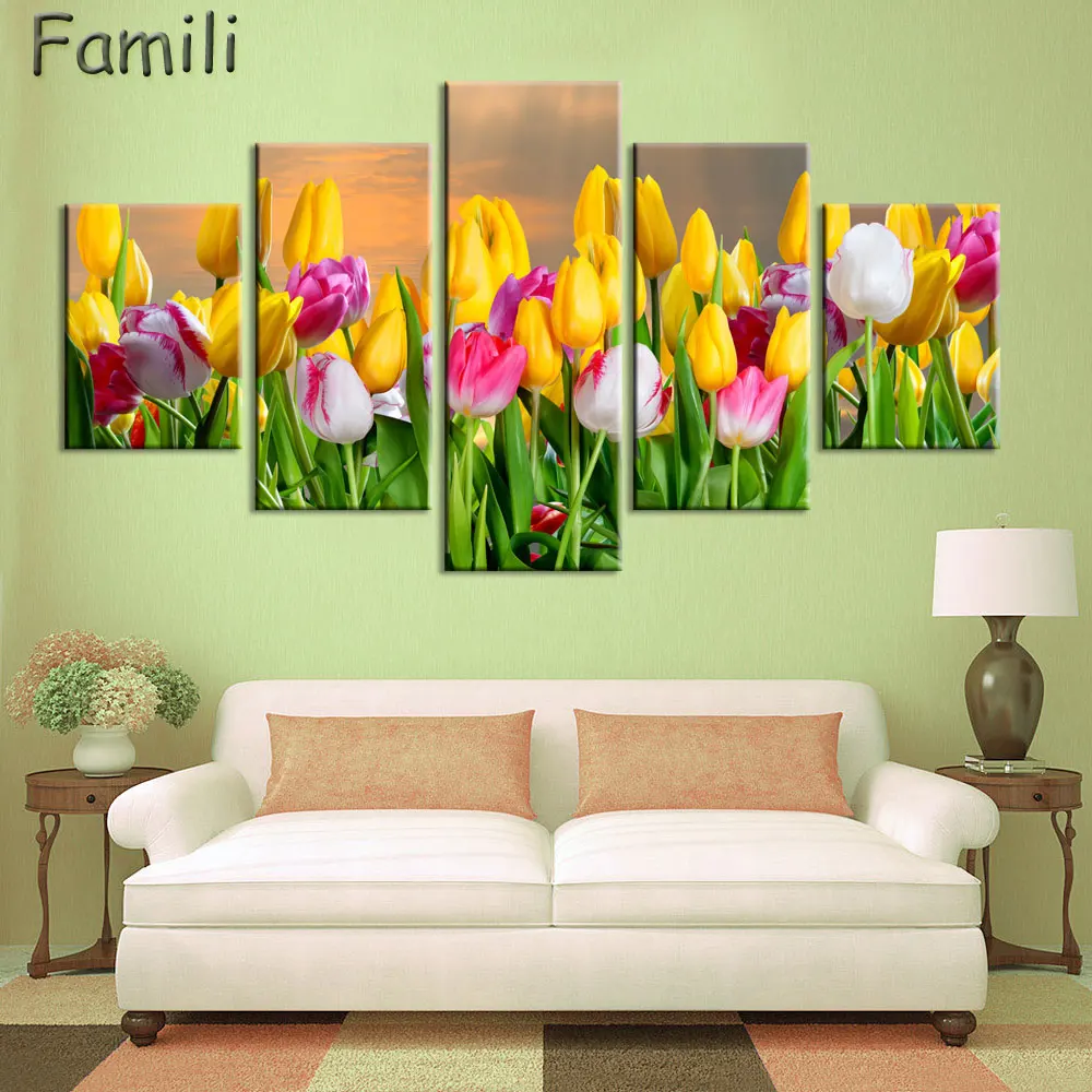 No Frame pictures 5PCS Modular Wall Picture Art Painting Of Roses Tulips Print On Canvas Paintings Posters Living Room Bedroom