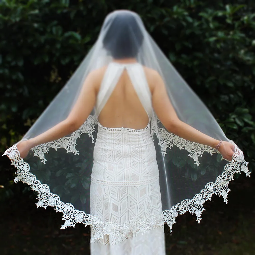 Kurze Spitze Elfenbein Braut Schleier Elegante Schleier OHNE Kamm 150CM Hochzeit Schleier Hochzeit Zubehör Braut Welon