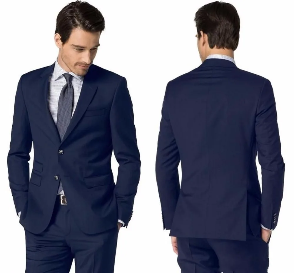 

New Fashion Side Slit Two Buttons Navy Blue Groom Tuxedos Notch Lapel Groomsmen Mens Suits Blazers (Jacket+Pants+Tie) W:791