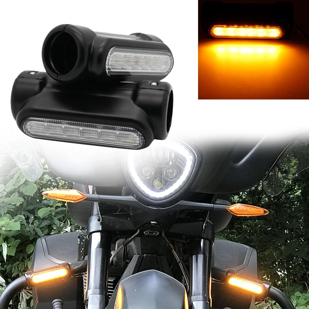 Motorcycle Highway Bar Switchback Turn Signal Light White Amber LED For Crash Bars for Harley Touring Models For victory