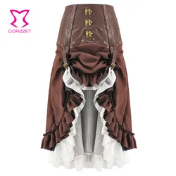 Steampunk Skirt Women Sexy Brown Leather Long Asymmetrical Ruffle Medieval Victorian Gothic Punk Skirts Lolita Ladies Skirts