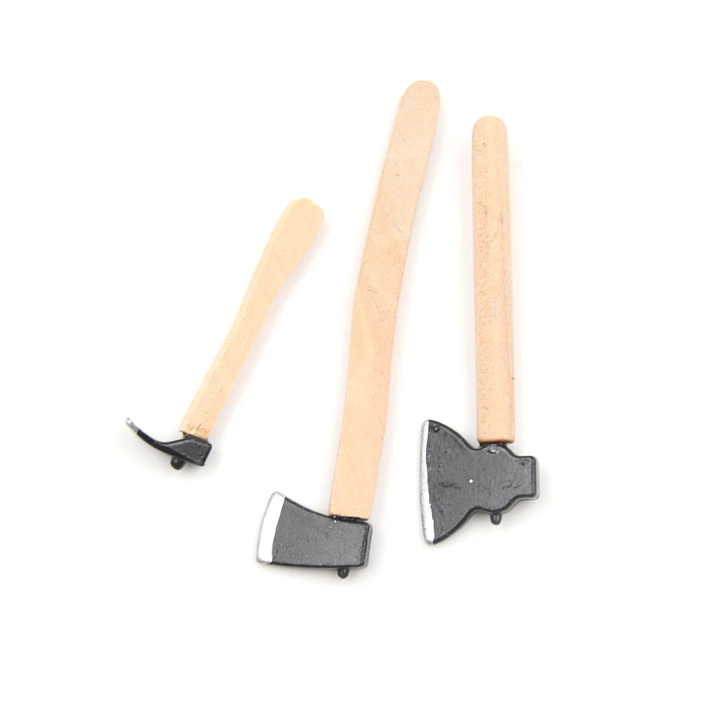 3Pcs/set Mini Wood Metal Chopper Hatchet Dollhouse Miniature 1:12 Toy Tools Axe Hammer Wholesale