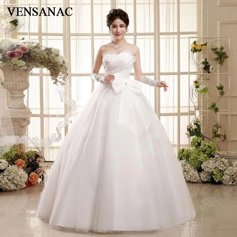 VENSANAC Sequined Strapless 2018 Ball Gown Off The Shoulder Lace Wedding Dresses Crystal Bow Backless Bridal Gowns