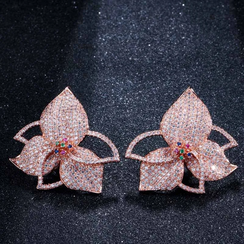 BeaQueen Beautiful Large Leaf Flower Multicolor Cubic Zirconia Paved Women Wedding Engagement Earrings Luxury Ear Jewelry E215