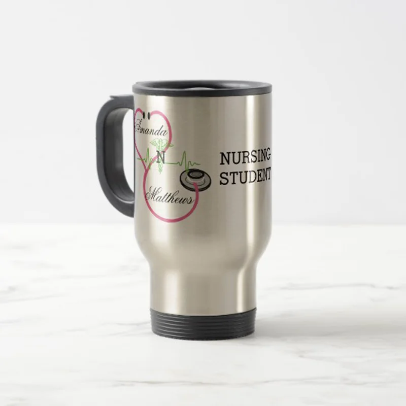 Pink Stethoscope Nursing Student Caduceus Name Travel Mug Stainless Steel coffee Cup with Handle - Great Gift Mugs 14 Ounce