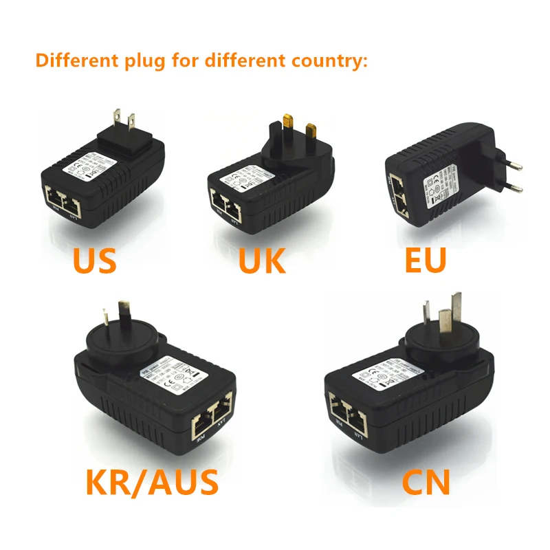 

24V 1A 10/100Mbps PoE Injector Power Over Ethernet Adapter, Power pin 4/5(+),7/8(-) AC100-240V, UK/AU/UK/US Plug