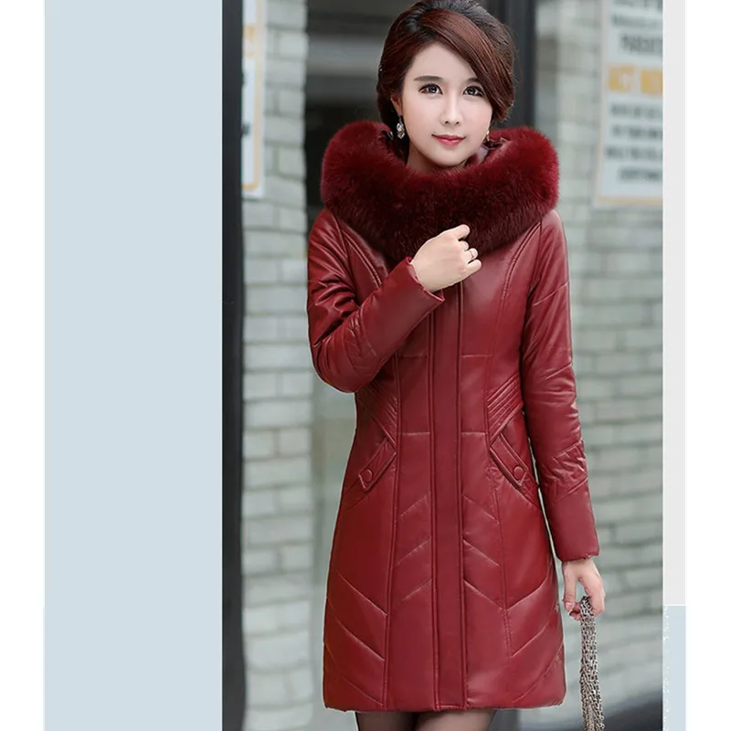 UHYTGF L-7XL Fashion Fur Collar Hooded Winter Leather Jackets Womens Luxury Leather Jacket Down Cotton Slim Warm Female Coat 126