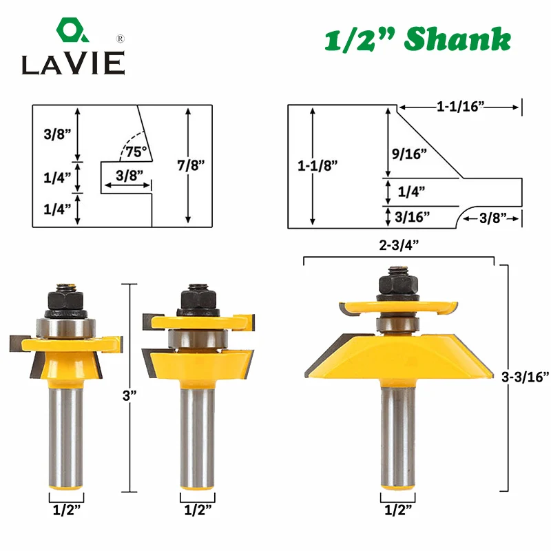 LA VIE 3pcs 12mm 1/2 Shank Rail Stile Router Bit Set Door Woodworking Cutter Mortise and Tenon Cutter Woodworking Tools MC03054