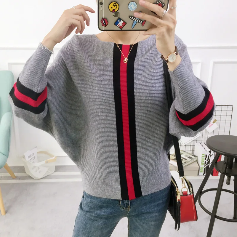 2023 New Autumn Winter Women Sweater Pullover Stripe Contrast Color Bat Sleeve Knitted Jumper Loose Short Tops Outwear Pull Femm