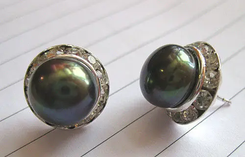 

Genuine cultued 9-10mm black pearl stud earring free shipping