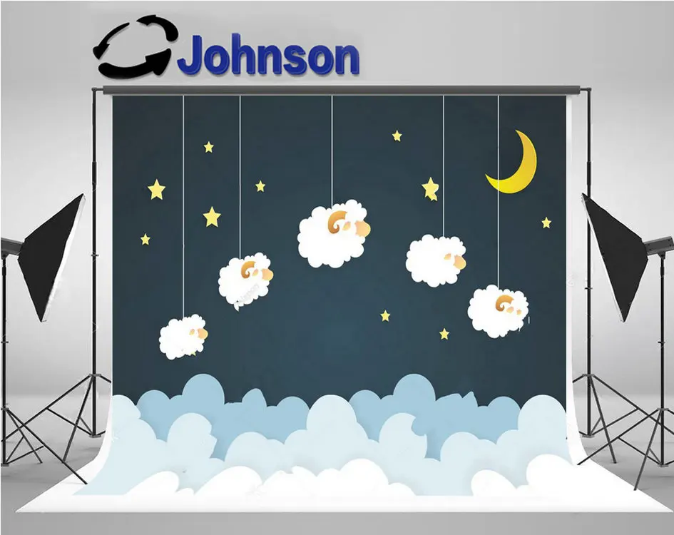 

Sheep Counting Cartoon Crescent Moon Star Cloud backgrounds High quality Computer print baby shower backdrops