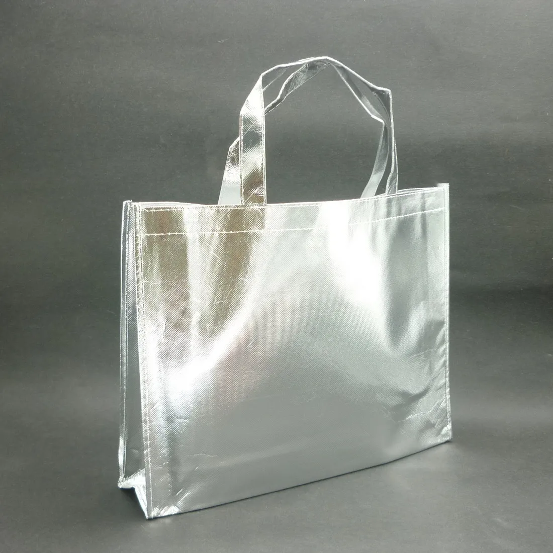 Customized Laser Film Laminated Silver Metallic Sewed Non Woven Shopping Gift Bags