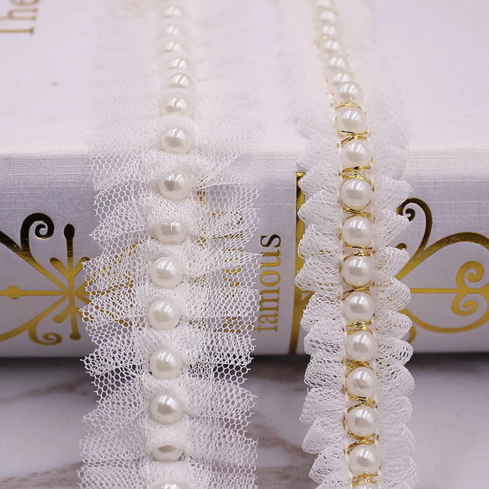 1 Yard 2 Style White Pearl Mesh Lace Trim Crease Ribbon Lace Fabric Collar Dress Sewing Garment Headdress Materials 2/3cm Width