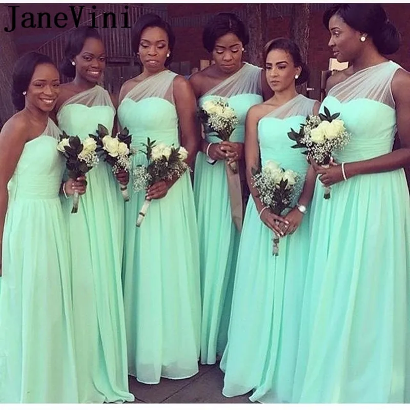 

JaneVini Mint Green Bridesmaids Dresses for Women Vestidos De Gasa One Shoulder Elegant Long Bridesmaid Dress Wedding Party 2019