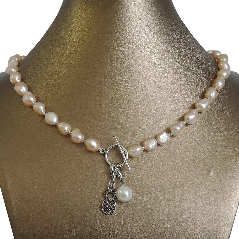 100% NATURE FRESHWATER PEARL NECKLACE ,long baroque pearl 7-9 mm,leaf,pineapple pendant