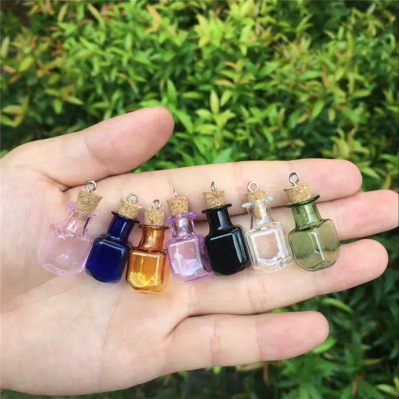 Mini Wishing Bottles with Metal Loop, Rectangle Crafts Gift Pendants, DIY Glass Jars, Mix 7 Colors