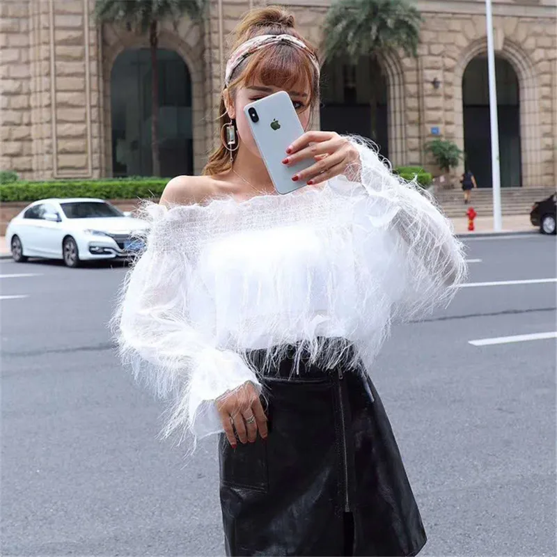 2019 New Spring Autumn Women White Blouses Slash Neck Chiffon Blouse Ladies Long Sleeve Shirts Tassel Shirt Blusas Tops AB1325