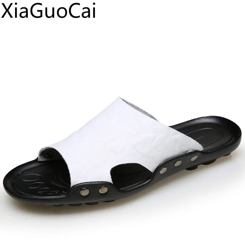 High Quality Men's Genuine Leather Slippers New Beach Leisure Slides Men's One-word Slippers Men's Anti-skid Slippers